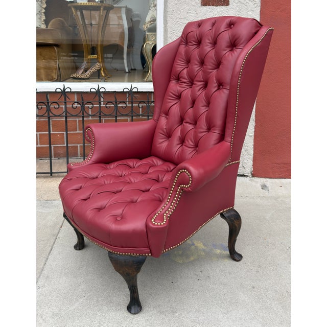 Queen Anne Antique Queen Anne Red Tufted Leather Wingback Chair & Ottoman For Sale - Image 3 of 8
