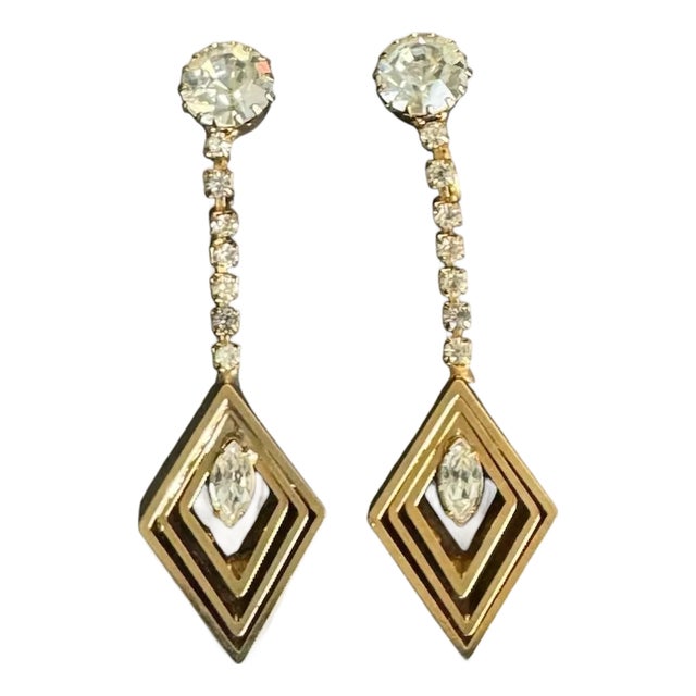 Vintage Rhinestone Drop Earrings Gold Tone Diamond Dangle Drop Clip-on Festive Cocktail For Sale