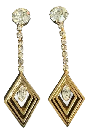 Vintage Rhinestone Drop Earrings Gold Tone Diamond Dangle Drop Clip-on Festive Cocktail