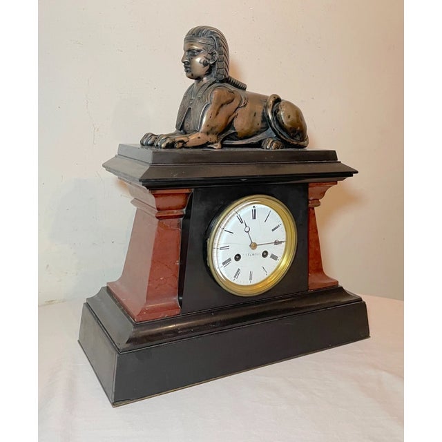 Traditional Heavy Antique 19th Century R. Stuart Egyptian Revival Marble Bronze Mantle Clock For Sale - Image 3 of 16
