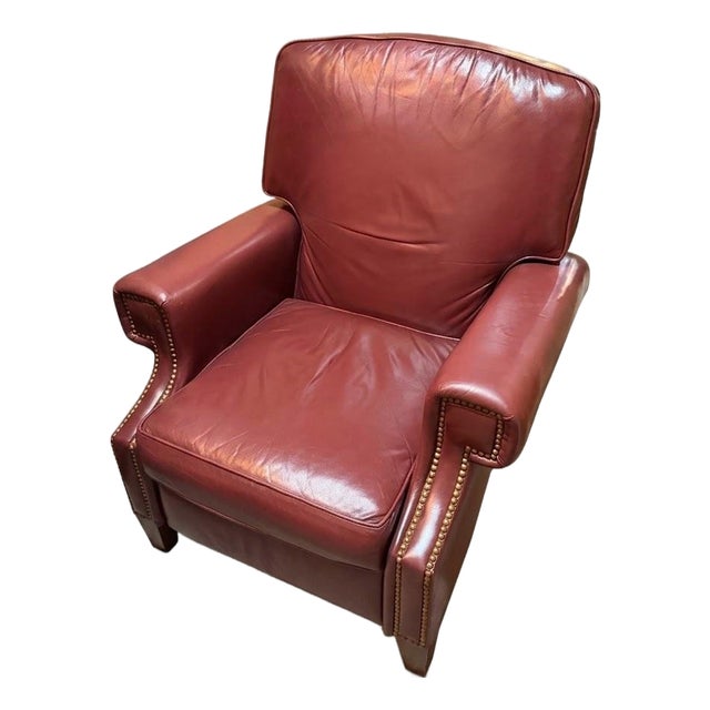 Vintage LeatherCraft Genuine Leather Wingback Recliner, Burgundy/Red, Brass Nailhead Trim For Sale