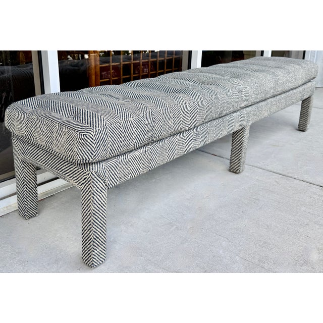 XL Navy Blue & Beige Wool Herringbone Pattern Bench For Sale - Image 4 of 13
