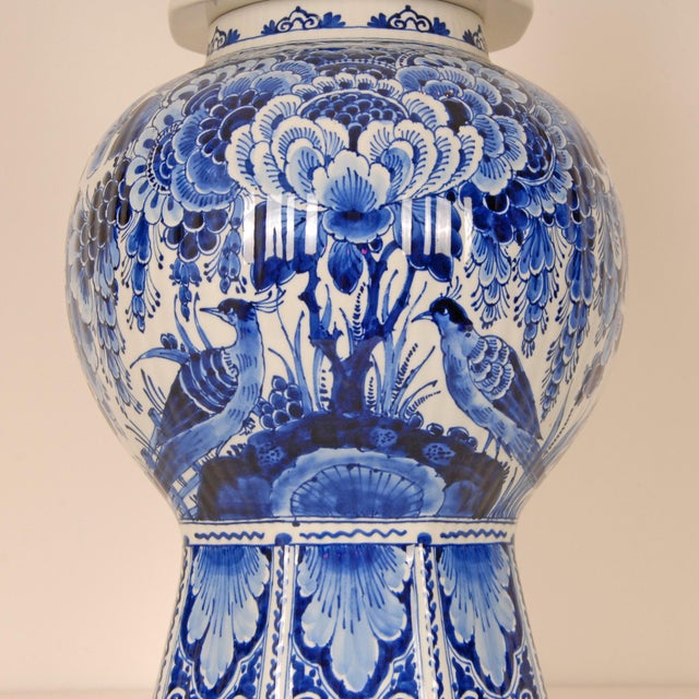 Royal Delft Blue and White Baluster Vase Chinoiserie Flowers Birds Octagonal Base For Sale - Image 12 of 13