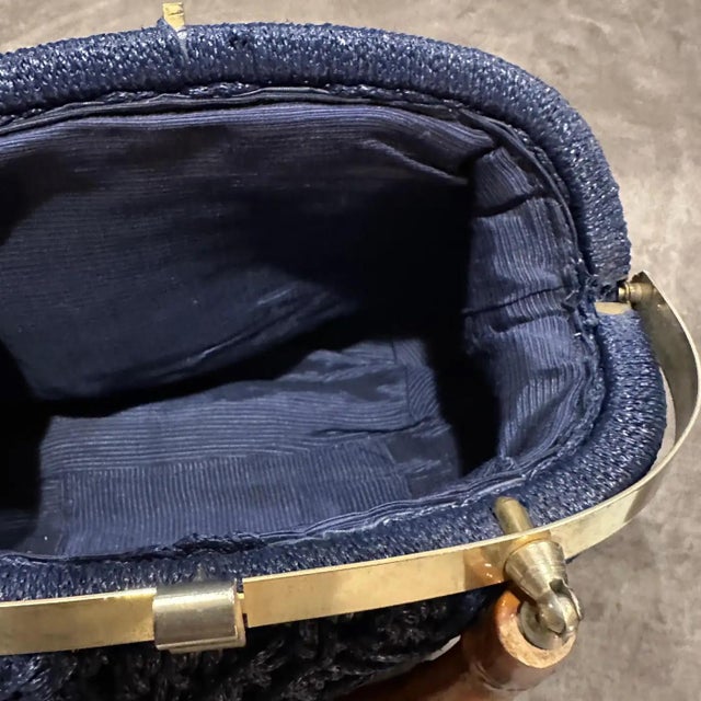 Italian 1970s Blue Woven Fabric Brass and Bamboo Italian Top Handle Bag For Sale - Image 3 of 12