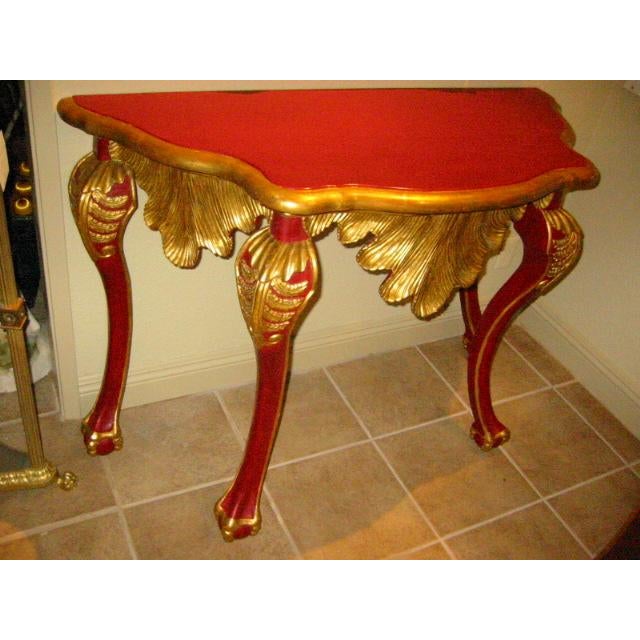 Rococo Tuscan style, Red Italian carved wood console table , beautifully painted gold leaf. From, Italy, Removable Top,...