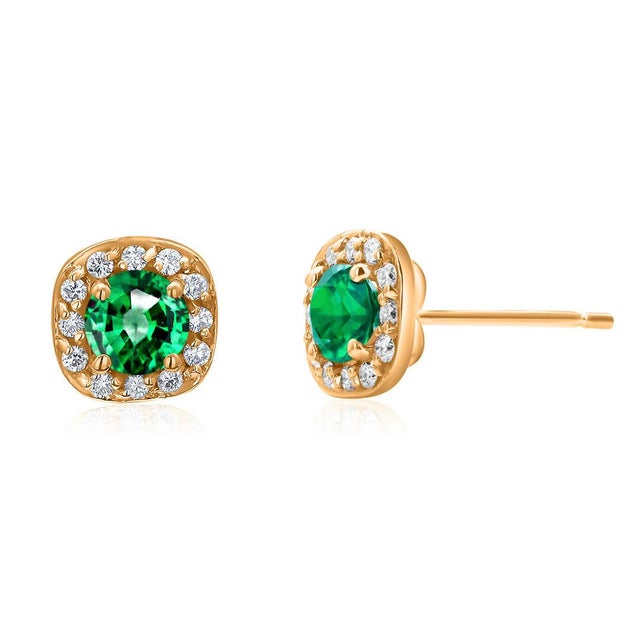 14k Yellow Gold Round Emerald and Diamond Micro-Pavé Ascher-Style Stud Earrings - 2 Pieces For Sale - Image 4 of 8