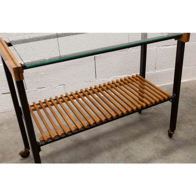 Vintage Teak, Black Metal, and Glass Serving Cart on Casters, 1960s For Sale - Image 3 of 17