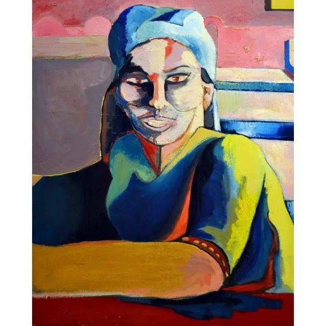 Bold abstract figurative of a figure in a blue scarf by San Francisco artist Michael William Eggleston (American, 20th...