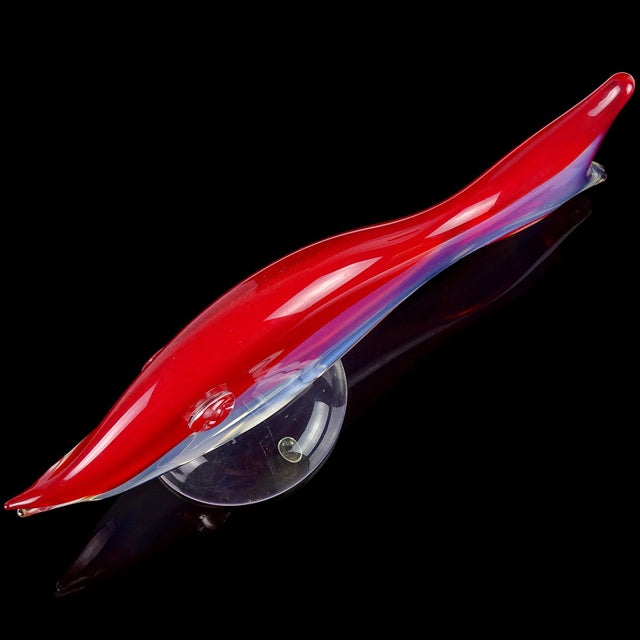Murano Vintage Murano Sommerso Red Opalescent White Italian Art Glass Centerpiece Fish Figure Sculpture For Sale - Image 4 of 5