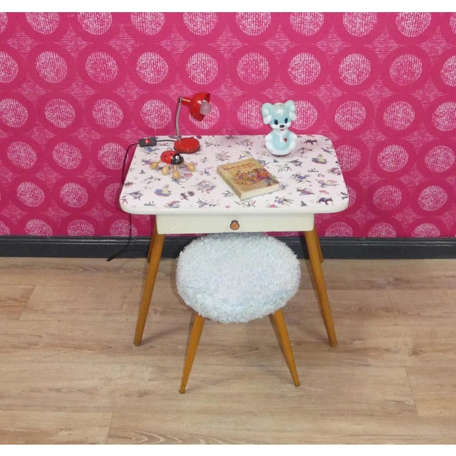 Wood Stool with Filigree Legs & Pastel Blue Fluff Cover For Sale - Image 5 of 9