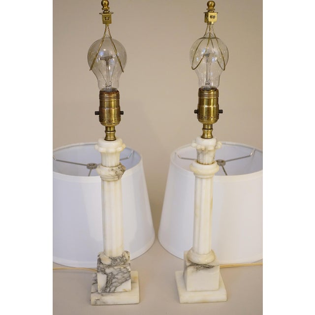 1950s Neo Classic Hollywood Regency Modern Carrara Marble Corinthian Style Column Table Lamps - a Pair For Sale - Image 11 of 12