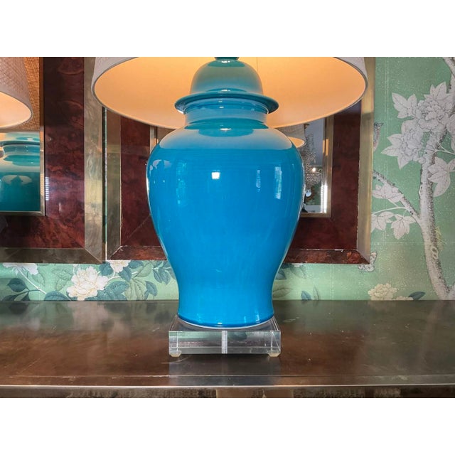 Contemporary Pair of Turquoise Ceramic Table Lamps For Sale - Image 10 of 10