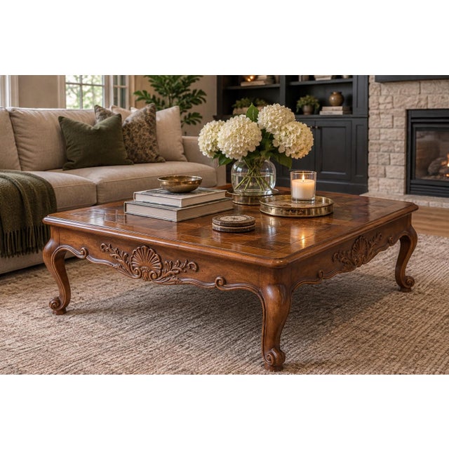 This is a beautifully crafted, oversized coffee table stained in a medium shade of brown. This item was in our...