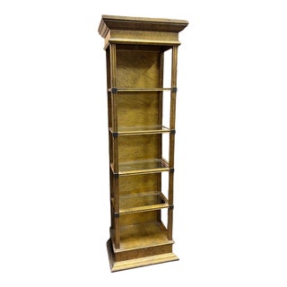 70s Hollywood Regency Faux Gold Leaf 5 Shelf Narrow Lighted Wood Display Unit Etagere For Sale