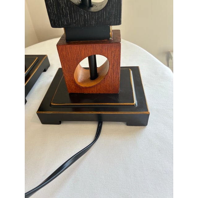 Mid-Century Modern Stacked Geometric Wooden Cube Table Lamps - Pair For Sale - Image 12 of 12