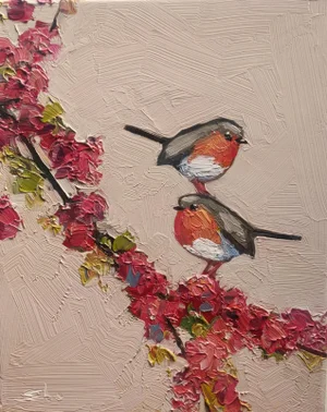 Two Robins Impressionist Oil Painting by Vivek Mandalia