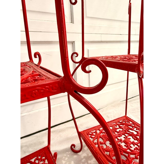 Pair of Chinoiserie Pagoda Form Metal Étagères in Gloss Red For Sale - Image 4 of 11