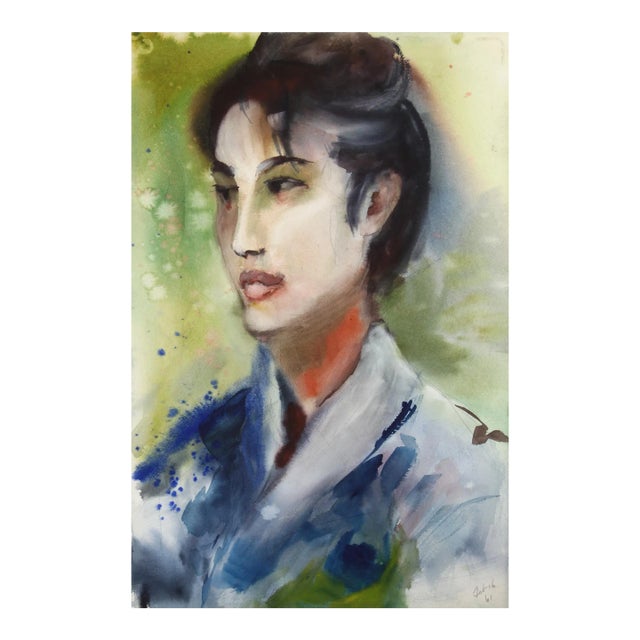 1960s "Portrait 63" Watercolor Painting by Eve Nethercott For Sale