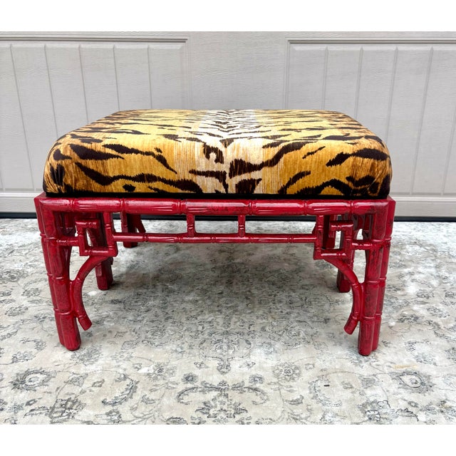 Chinoiserie 1970s Vintage Chinoiserie Red Ottoman With Tiger Fabric Upholstery For Sale - Image 3 of 12