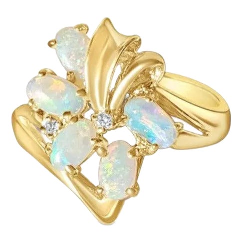 Oval Opal Cluster Diamond Ring 14k Yellow Gold, Size 9 For Sale