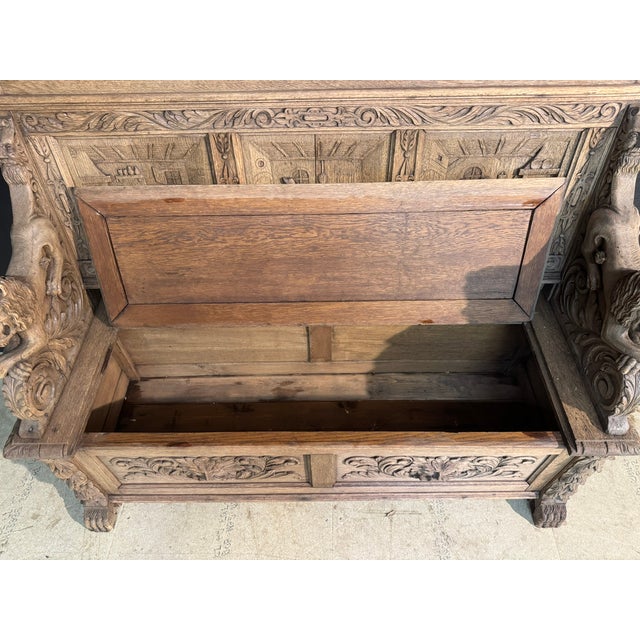 Antique French Carved Oak Bench with Tavern Scene, 1850 For Sale - Image 10 of 18
