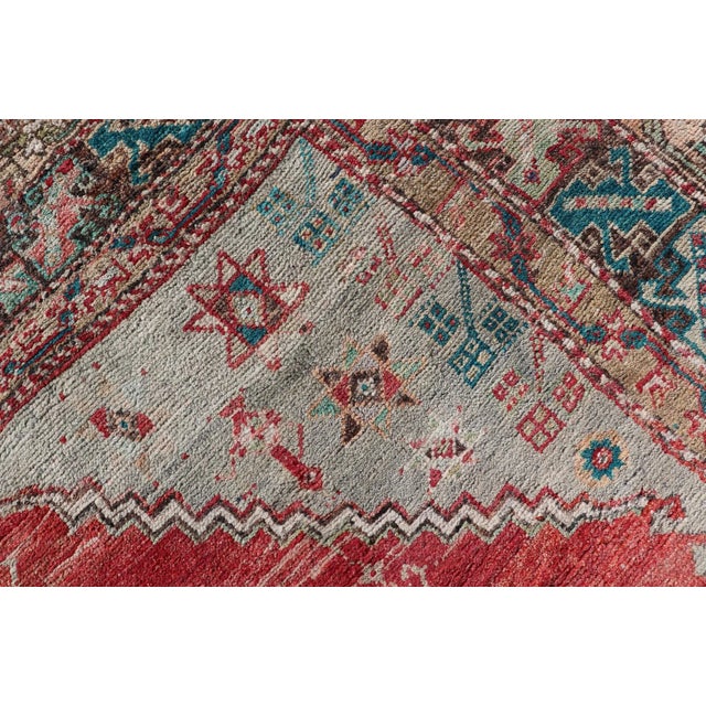 Antique Turkish Oushak Rug With Red, Soft Blue, Teal, and Cream Accents For Sale - Image 12 of 13
