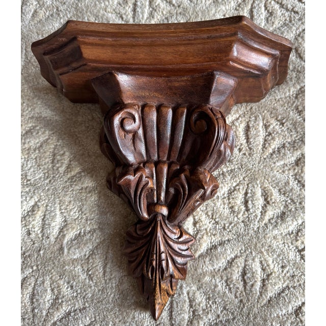 English Vintage Carved Wood Corbel Shelf Brackets Pair Acanthus Scroll Architectural Wall For Sale - Image 3 of 8