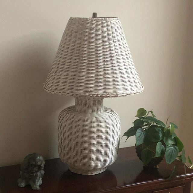 Shabby Chic Vintage White Wicker Table Lamp & Original Shade For Sale - Image 3 of 13