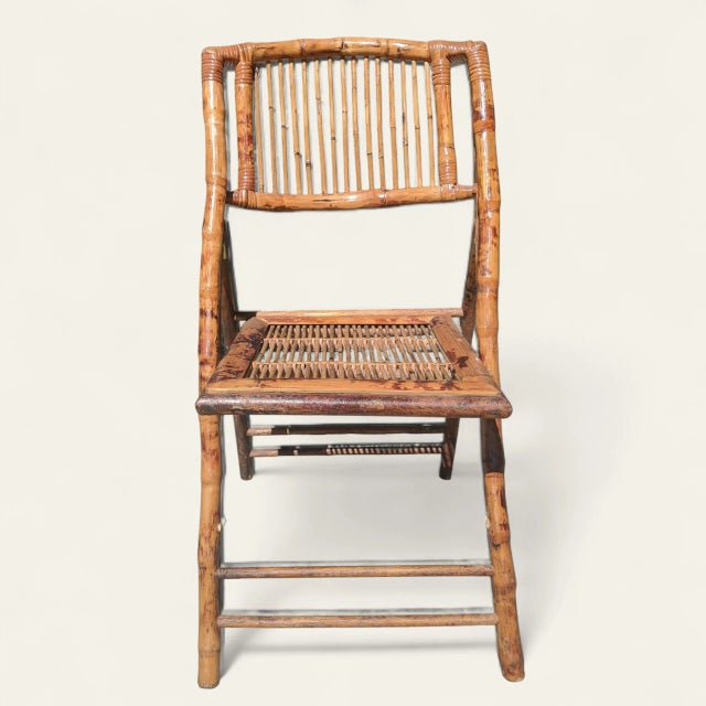 Mid 20th Century Vintage Coastal Burnt Bamboo Folding Chairs- A Pair For Sale - Image 5 of 13
