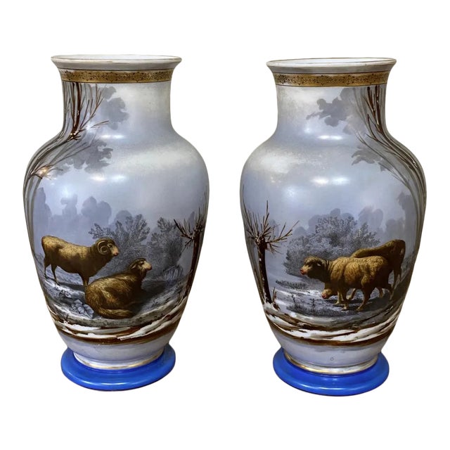 Antique Hand-Painted Opaline Vases - a Pair For Sale