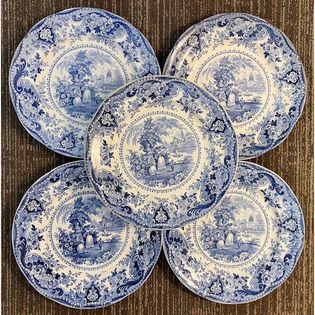 Antique 19th Century English Regency Staffordshire Blue Transferware Dinner Plates - Italian Buildings by Ralph Hall Circa 1825 - Set of 5 For Sale - Image 13 of 17