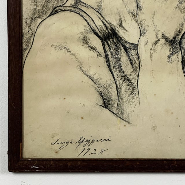 Antique Expressionist Self Portrait by Luigi Spirrizzi, Charcoal on Paper (Framed, 1928) For Sale - Image 4 of 7
