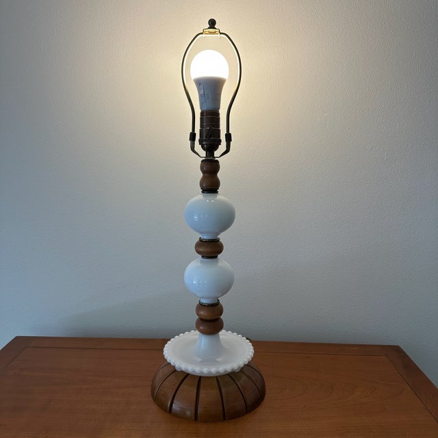 Wood Vintage Wood and Milkglass Hobnail Table Lamp For Sale - Image 7 of 7