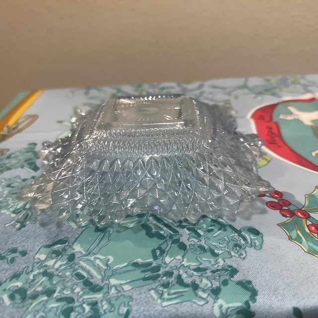 Vintage Indiana Glass Diamond Point Ruffled Candy Dish Ice Blue Tinted Pressed Glass For Sale In Minneapolis - Image 6 of 7
