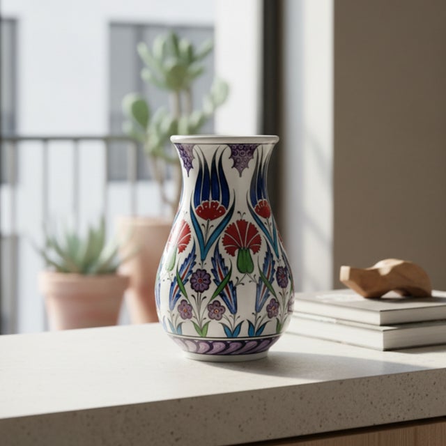 Art Deco Handmade Ceramic Vase (20cm) Traditional Turkish Tulip & Carnation Pattern – Pear Shaped (Armudi) Art Decor For Sale - Image 3 of 8