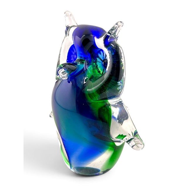 Beautiful little owl paperweight figurine by Murano. Made from clear, blue and green art glass. Measures 4 3/4” tall.