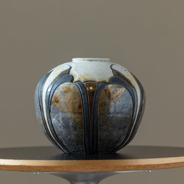 Vintage 80s Signed Nancy April Studio Pottery Carved Raku Vase For Sale - Image 4 of 9