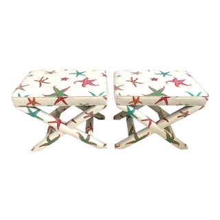 Sherrill Furniture Fully Upholstered X-Bench Ottomans - a Pair For Sale