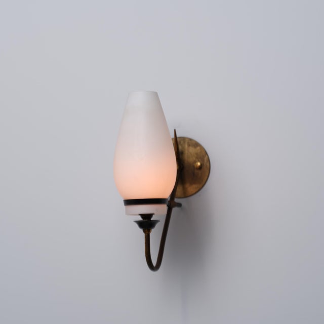 Italian Brass Black Metal and Opaline Glass Wall Sconce, 1950s For Sale - Image 4 of 8