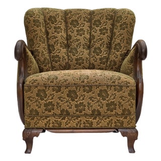 Danish Armchair in Wool and Hand-Carved Oak, 1950s For Sale