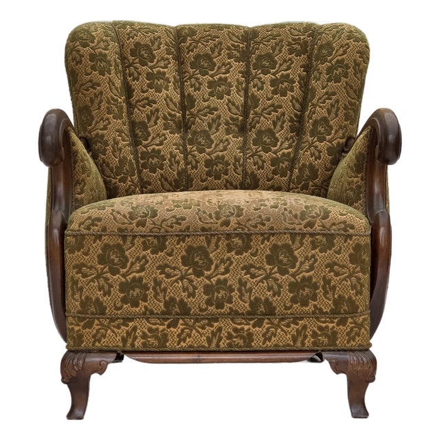 Danish Armchair in Wool and Hand-Carved Oak, 1950s For Sale