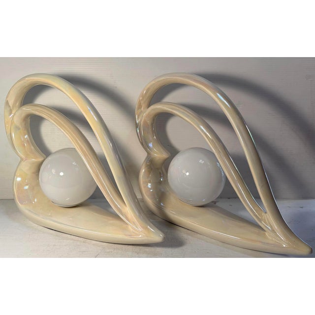 Art Deco Late 20th Century Pearlescent Art Deco Heart Lamps - a Pair For Sale - Image 3 of 9