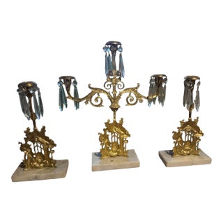 Antique 3pc Bear Beehive Girandole Candelabra Set Gilt Brass Crystal Marble For Sale