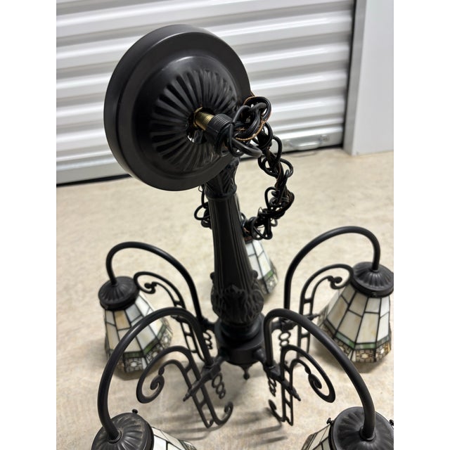 1990s Vintage Arts & Crafts Tiffany Style Stained Glass 5 Arm Chandelier For Sale - Image 5 of 9