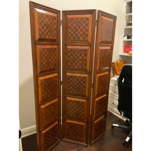 3 Panel Chessboard Design Room Divider with Leather Imprint over each chessboard pattern. Excellent condition with light...