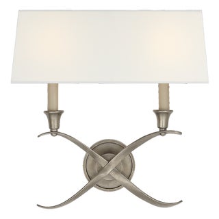 Chapman & Myers for Visual Comfort Signature Cross Bouillotte Large Sconce in Antique Nickel with Linen Shade For Sale