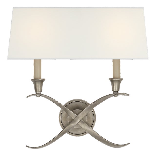 Chapman & Myers for Visual Comfort Signature Cross Bouillotte Large Sconce in Antique Nickel with Linen Shade For Sale