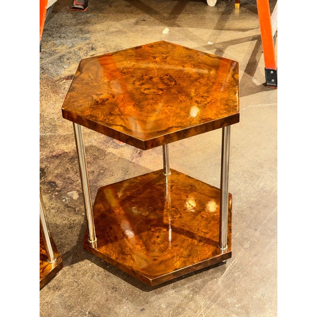 Italian Art Deco Style Walnut and Chrome Hex Side Tables For Sale In Dallas - Image 6 of 7