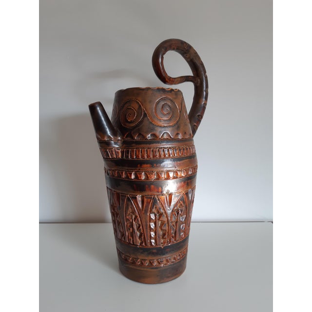 Brown Ceramic Zoomorphic Pitcher with Scarified Decoration by Huguette Bessone For Sale - Image 8 of 12