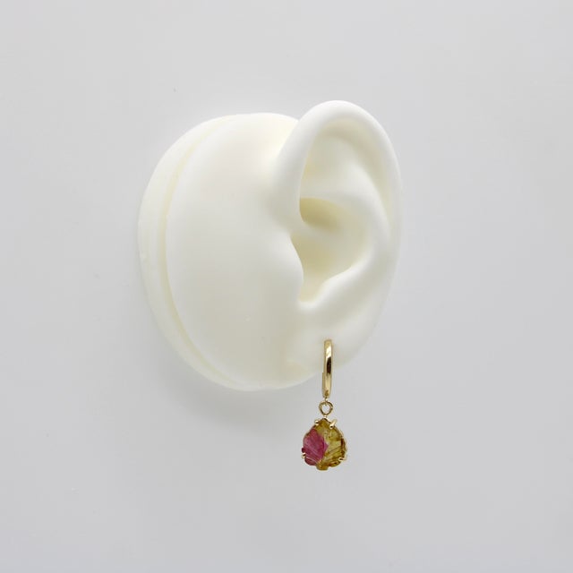 Metal 14k Gold Hand-Carved Watermelon Tourmaline Leaf Huggie Earrings, A Pair For Sale - Image 7 of 8